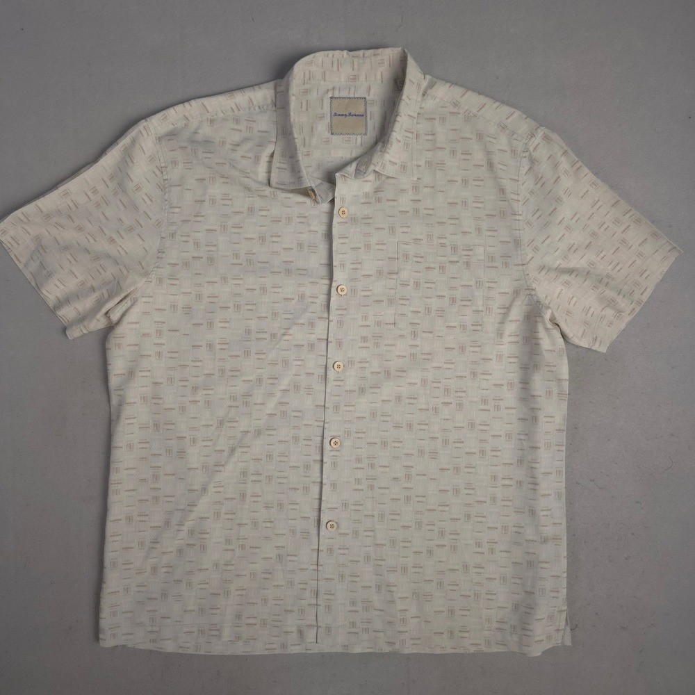 Tommy Bahama XXL Button Up Shirt‎ Beige Brown Geometric Print Short Sleeve